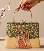 Printed radha krishna divine art clutch bag for women with hand embroidery