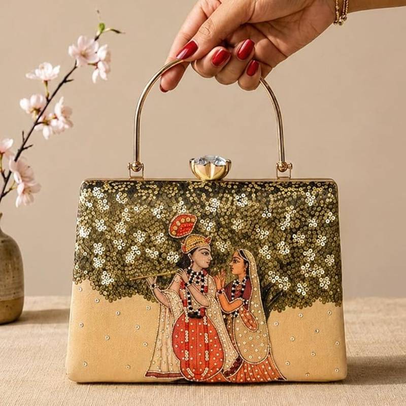 Printed radha krishna divine art clutch bag for women with hand embroidery