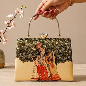Printed radha krishna divine art clutch bag for women with hand embroidery 2