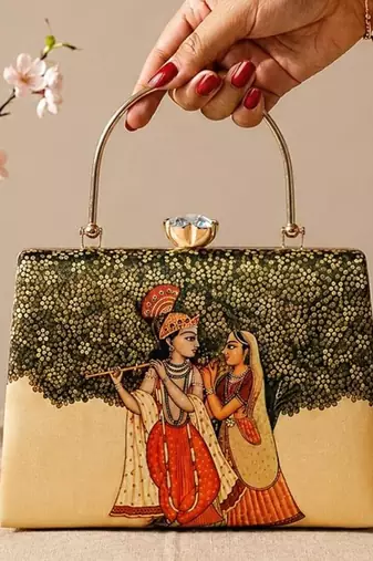 Printed radha krishna divine art clutch bag for women with hand embroidery