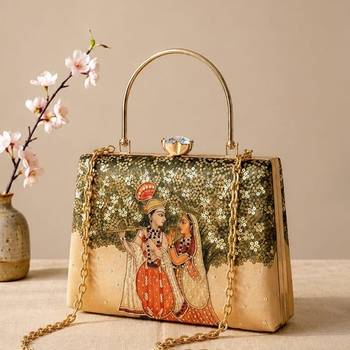 Printed radha krishna divine art clutch bag for women with hand embroidery 3