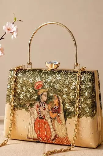 Printed radha krishna divine art clutch bag for women with hand embroidery