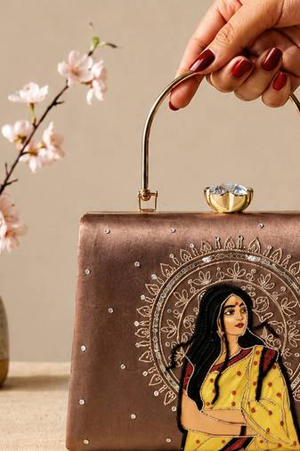 Printed vintage ethnic woman art designer clutch for women with hand embroidery