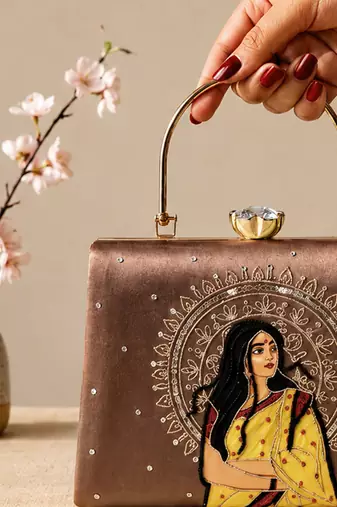 Printed vintage ethnic woman art designer clutch for women with hand embroidery