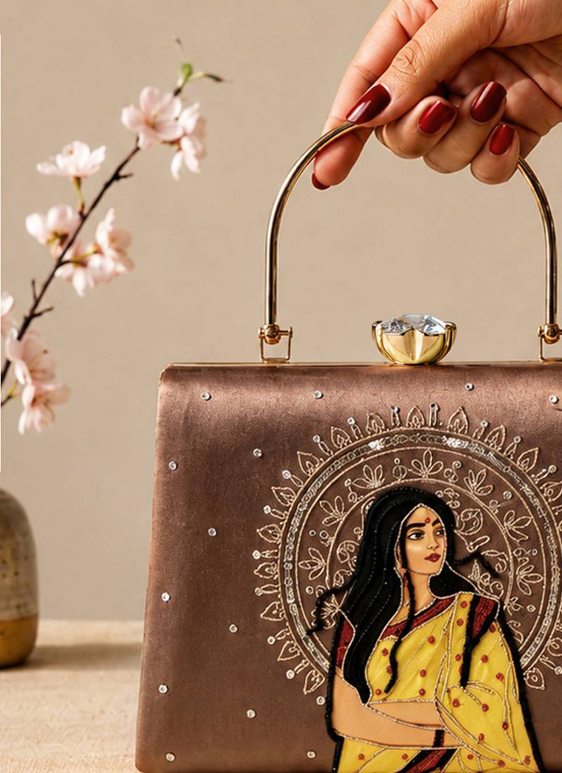 Printed vintage ethnic woman art designer clutch for women with hand embroidery