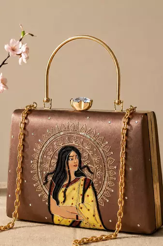 Printed vintage ethnic woman art designer clutch for women with hand embroidery