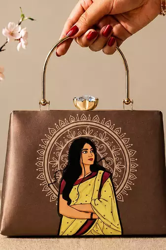 Printed vintage ethnic woman art designer clutch for women with hand embroidery