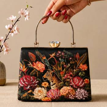 Black flower design clutch bag for women with detachable strap and handle 1