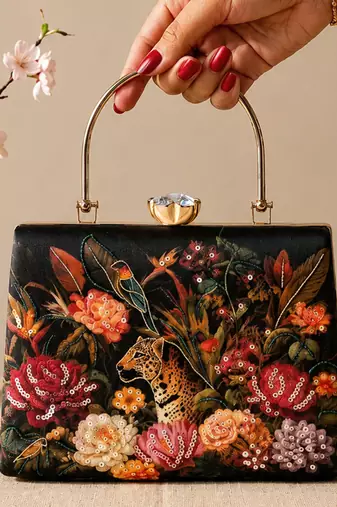 Black flower design clutch bag for women with detachable strap and handle