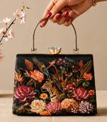 Black flower design clutch bag for women with detachable strap and handle
