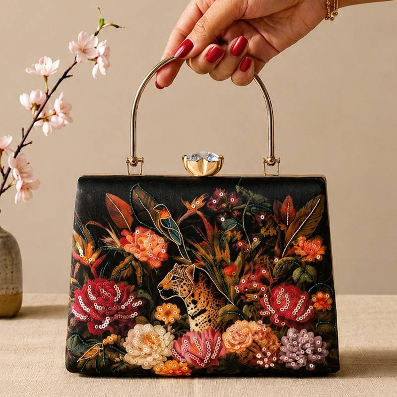 Black flower design clutch bag for women with detachable strap and handle