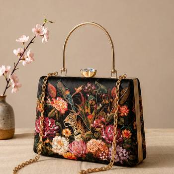 Black flower design clutch bag for women with detachable strap and handle 2