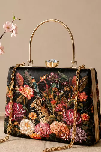 Black flower design clutch bag for women with detachable strap and handle