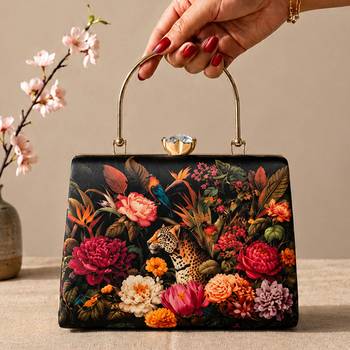 Black flower design clutch bag for women with detachable strap and handle 3