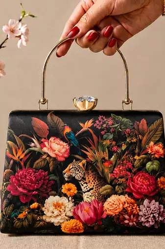 Black flower design clutch bag for women with detachable strap and handle
