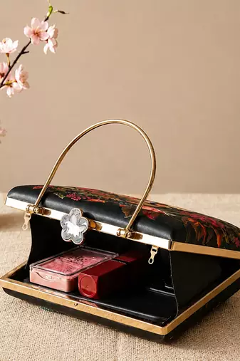 Black flower design clutch bag for women with detachable strap and handle