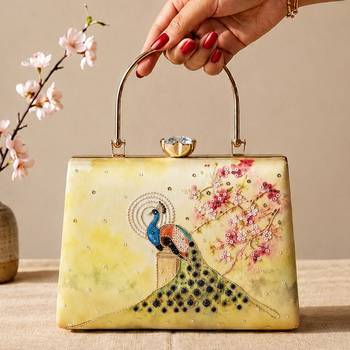 Yellow peacock clutch bag for women with detachable strap and handle 1