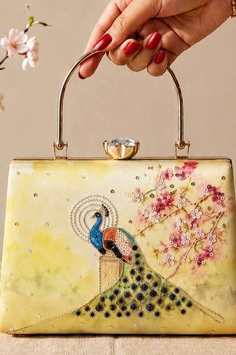 Yellow peacock clutch bag for women with detachable strap and handle