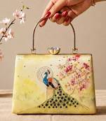 Yellow peacock clutch bag for women with detachable strap and handle