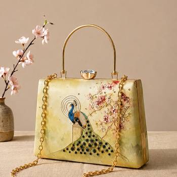Yellow peacock clutch bag for women with detachable strap and handle 2