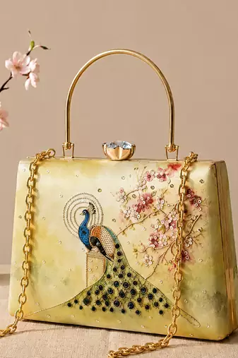 Yellow peacock clutch bag for women with detachable strap and handle