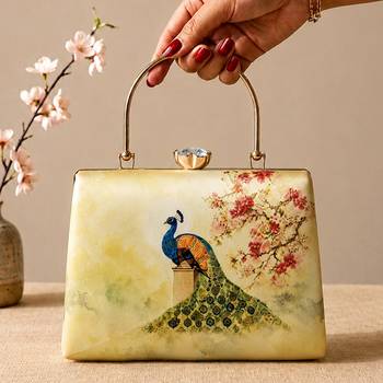 Yellow peacock clutch bag for women with detachable strap and handle 3