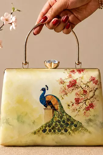 Yellow peacock clutch bag for women with detachable strap and handle