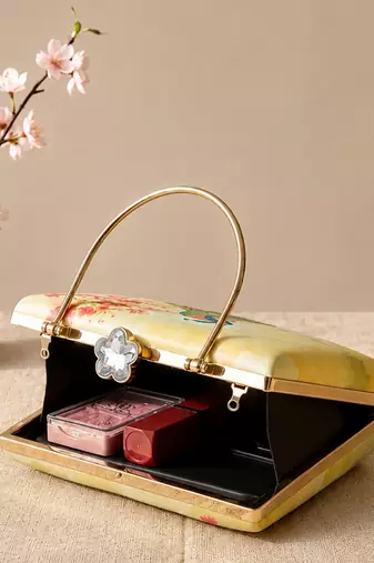 Yellow peacock clutch bag for women with detachable strap and handle