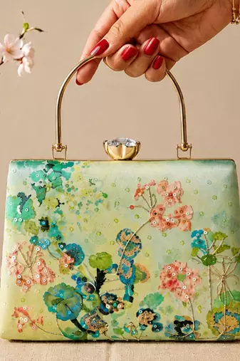 Green flower design clutch bag for women with detachable strap and handle