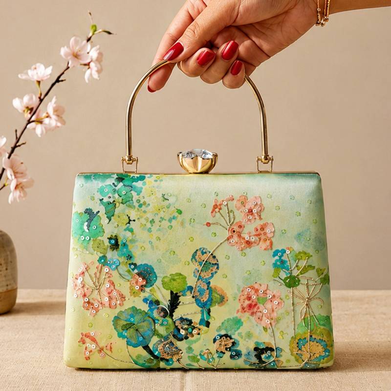 Green flower design clutch bag for women with detachable strap and handle
