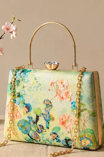 Green flower design clutch bag for women with detachable strap and handle