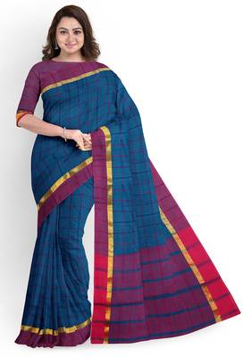 Teal blue checked saree with magenta border 1