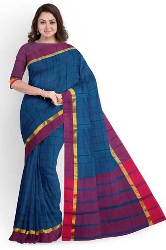 Teal blue checked saree with magenta border