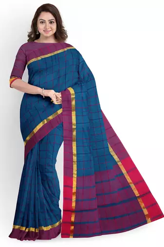 Teal blue checked saree with magenta border
