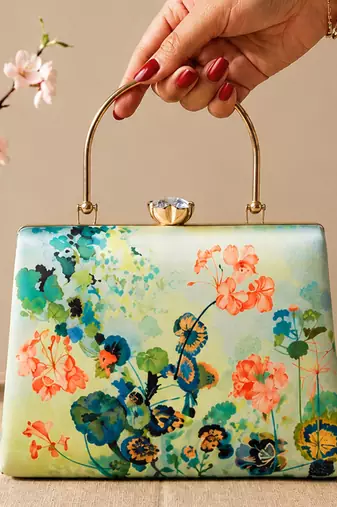 Green flower design clutch bag for women with detachable strap and handle