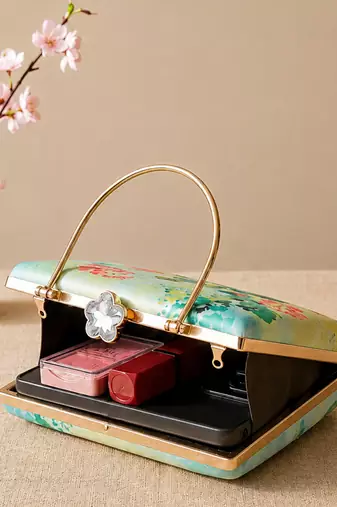 Green flower design clutch bag for women with detachable strap and handle