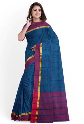 Teal blue checked saree with magenta border 2