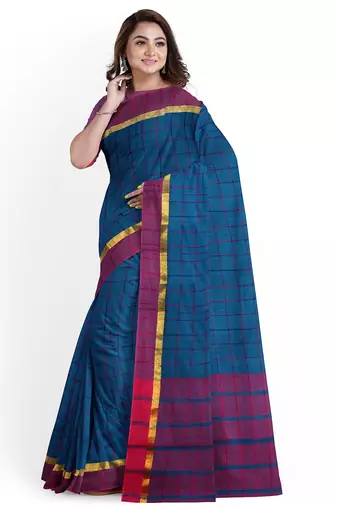 Teal blue checked saree with magenta border