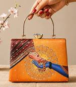 Printed divine hands traditional art clutch with hand embroidery