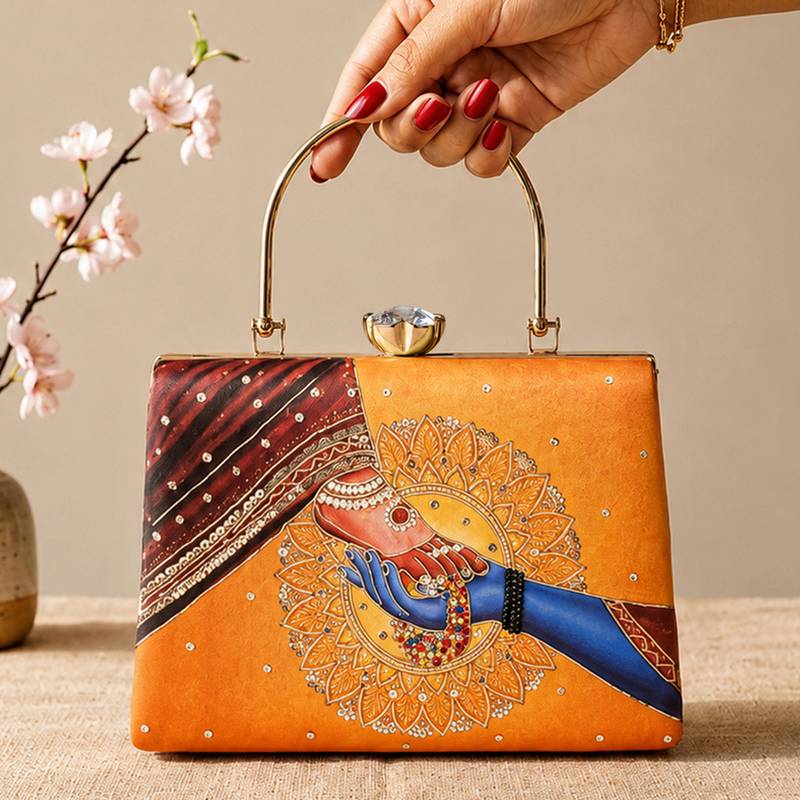 Printed divine hands traditional art clutch with hand embroidery
