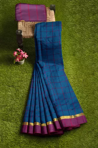 Teal blue checked saree with magenta border