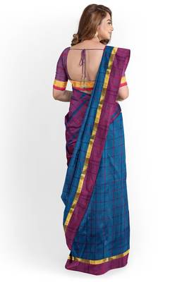 Teal blue checked saree with magenta border 4