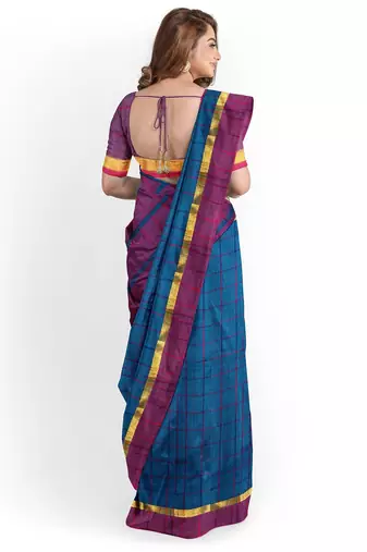Teal blue checked saree with magenta border
