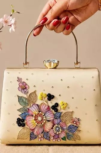 Printed elegant floral pearl embellished clutch with hand embroidery