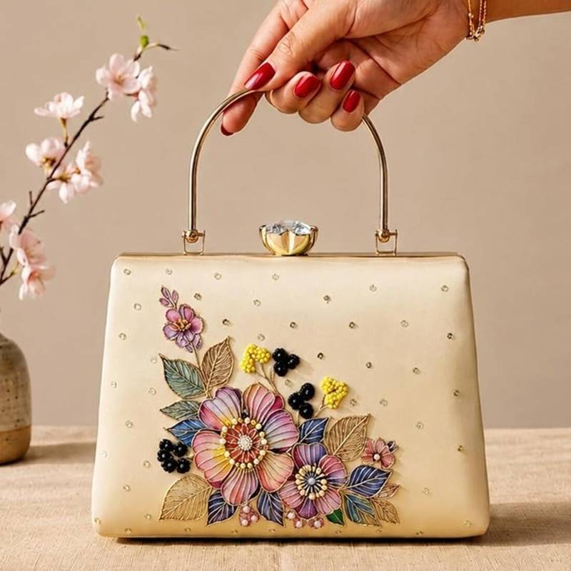 Printed elegant floral pearl embellished clutch with hand embroidery