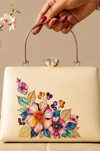 Printed elegant floral pearl embellished clutch with hand embroidery