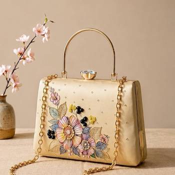 Printed elegant floral pearl embellished clutch with hand embroidery 3