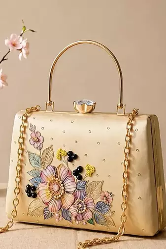 Printed elegant floral pearl embellished clutch with hand embroidery