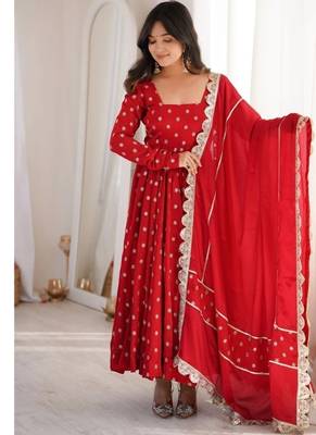 red embroidered chinon silk full stitched anarkali suit 1