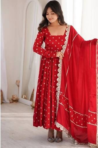 red embroidered chinon silk full stitched anarkali suit